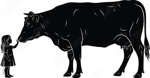 Silhouette of a little girl touching a cow, farm animal love, rural friendship vector illustration, agriculture care, countryside lifestyle design