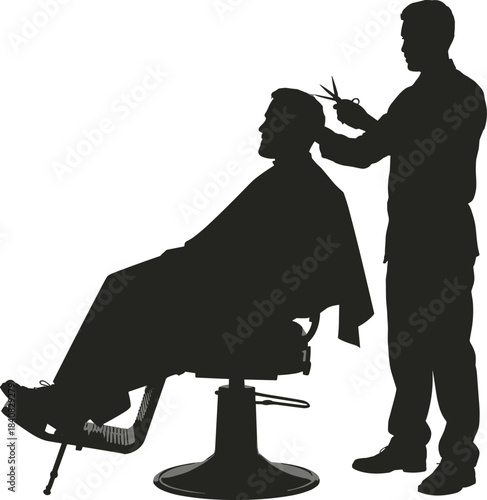 Silhouette of barber cutting hair of male client in barber chair, professional hairstylist working in salon, vector illustration for grooming and haircut design