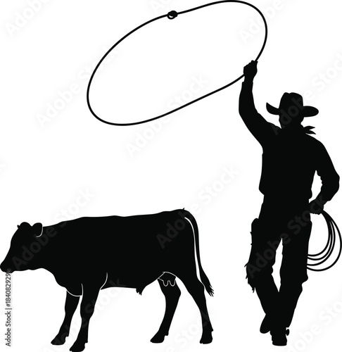Silhouette of cowboy with lasso and calf, western rodeo cattle herding scene, ranch lifestyle vector illustration, cowboy culture design element