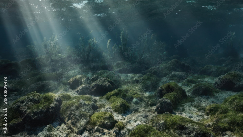 Fototapeta premium Sunlight filtering through clear ocean water onto a rocky seabed.