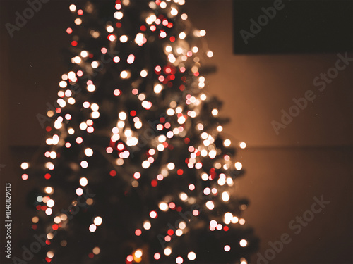 Warm and cozy Christmas tree in defocus with blurred red and white bokeh lights. Perfect banner for holiday greetings, New Year 2026 projects, seasonal marketing campaigns, copy space. Feliz Navidad.