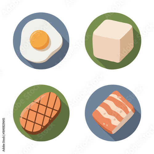 Four circular icons depicting a fried egg tofu cube grilled steak and bacon strips isolated on white background