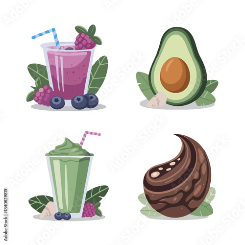 Four healthy food illustrations including a berry smoothie avocado half green smoothie and chocolate dessert isolated on white background