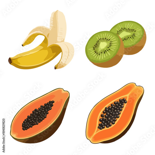 A peeled banana two sliced kiwis and two halves of a ripe papaya isolated on white background