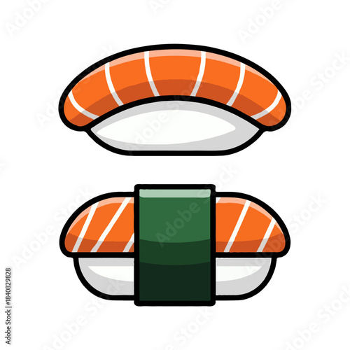 Two delicious salmon nigiri sushi pieces with rice and nori seaweed isolated on white background