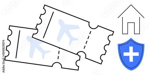 Travel insurance, flight protection, safety, vacation planning, secure travel, health coverage. Two airplane tickets alongside a house and shield with a healthcare cross. Travel insurance and safety