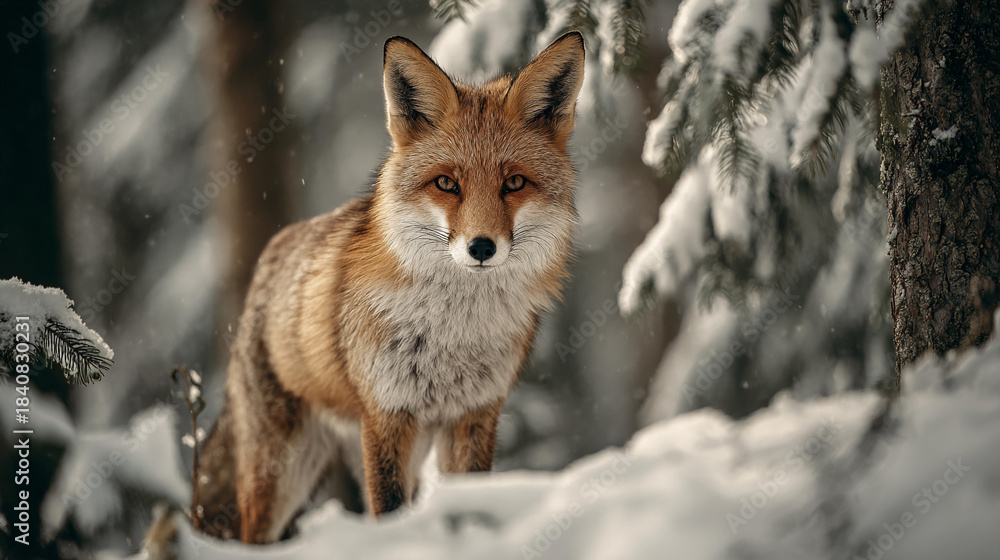 Fototapeta premium Fox stands in snow among trees in winter landscape