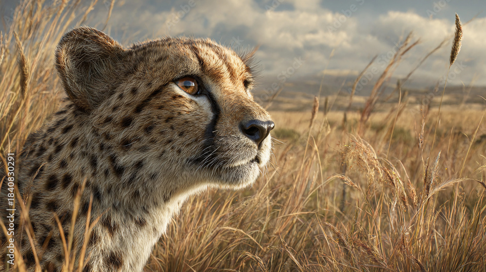Fototapeta premium Cheetah observing surroundings in tall grass under cloudy sky