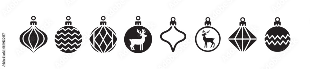 Fototapeta premium Christmas ornaments vector icon set in black featuring deer, chevron, striped, and diamond patterns