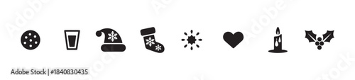 Christmas and winter holiday icons including cookie, glass of milk, santa hat, stocking, snowflake, heart