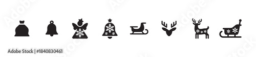 Christmas set of icons featuring santa's sack, festive bell, snowflake angel, decorated bell, sleigh, reindeer head