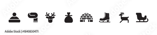 Set of black and white winter holiday icons featuring a hat, scarf, reindeer, gift bag, igloo, ice skate