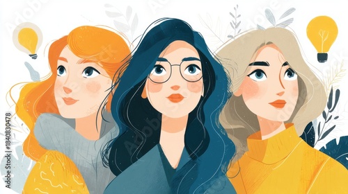 Female-led tech innovation Three women with light bulbs, showcasing creativity and inspiration.