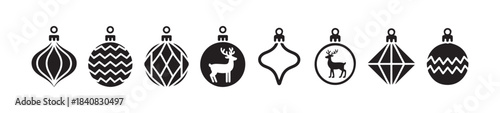 Christmas ornaments vector icon set in black featuring deer, chevron, striped, and diamond patterns