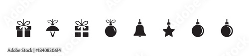 Christmas gifts and ornaments black silhouette icons set isolated on white background for holiday greeting cards