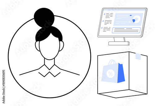 E-commerce, identity verification, online shopping, user interface, digital retail, security. Minimalist concept art with a woman profile, a computer screen and a shopping bag. E-commerce