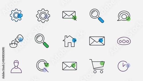 A collection of outlined web and app icons with blue and green accents, representing various digital functions like settings, mail, search, chat, home, and shopping.