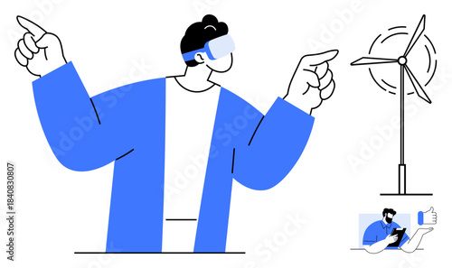 Sustainability, green energy, renewable technology, virtual reality, futuristic innovation, clean energy. Person wearing VR headset pointing at a wind turbine. Green energy and renewable technology