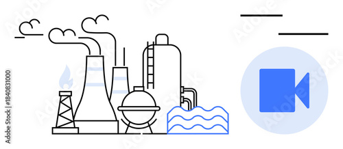Environmental issues, industrialization, sustainability, technology, energy production, and communication. Industrial plant with smokestacks and water flow, adjacent to a video icon
