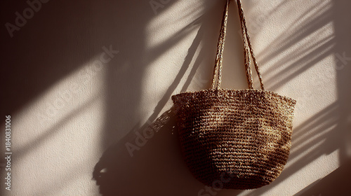 Beige straw bag hanging on the wall, white background, sunlight shining through the window onto the bag, product photography, high resolution, large detail, shadow play, minimalist style