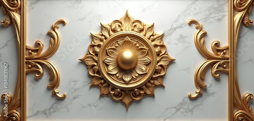 Ornate gold mandala accentuates marble surface. Decorative floral pattern with intricate swirls and detailed filigree adds luxury. Elegant design elements enhance interior architecture.