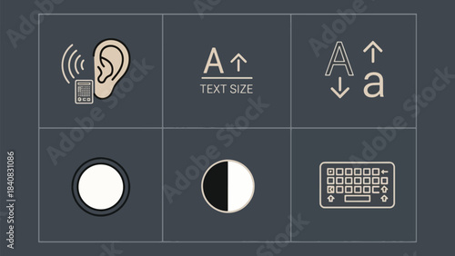 A grid of six accessibility and display settings icons, including audio, text size, contrast, and keyboard options for user interface customization.