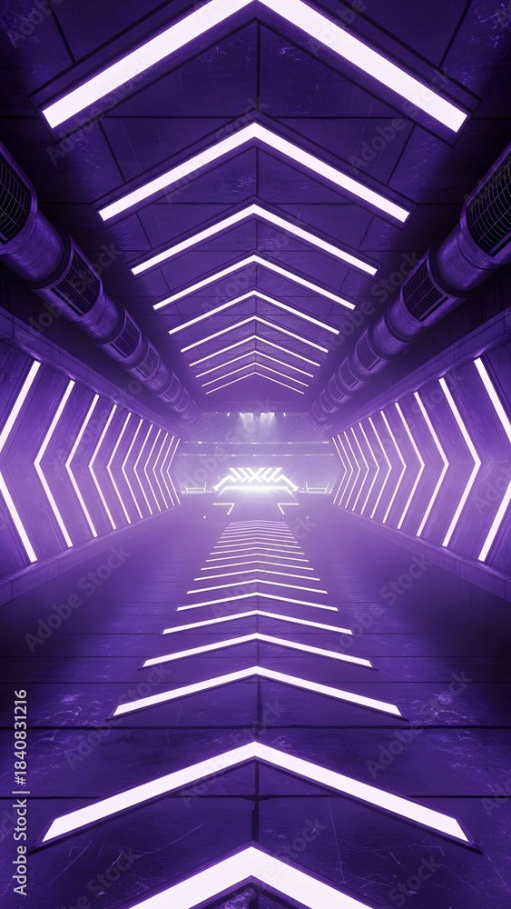 Obraz premium Futuristic neon corridor with illuminated arrows leading to a bright light. Interior design, technological advancement, and science fiction concepts.