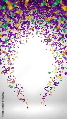 Festive carnival background with confetti, streamers, and mask, colorful celebration design.  Decorative elements for Mardi Gras and New Year's event.