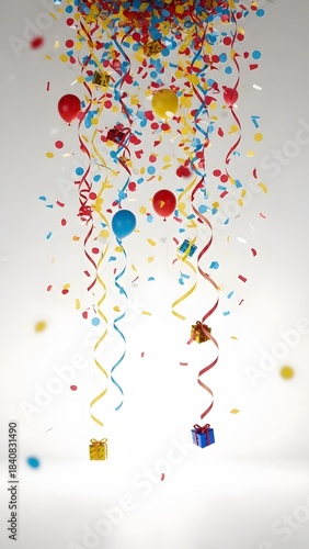 Colorful confetti, balloons, and gifts falling. Festive background for parties, holidays, and celebrations. Festive background with copy space.