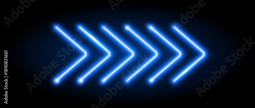Blue neon arrow elements. Blue glowing led direction sign. Shine tube lamps in arrowhead shape. Bright luminous fluorescent pointer effect for banner, poster, logo. Vector neon led lights illustration