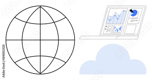Technology, data analytics, cloud storage, global communication, digital transformation, business intelligence. Globe, laptop with data charts and cloud icon. Data analytics and cloud storage ideas