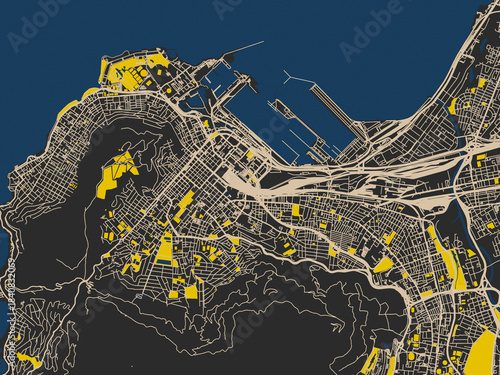 Flat city map of Cape town Center, South Africa — deep charcoal background with clean cream streets and sharp safety-yellow highlights, accented by ink-blue water