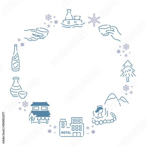雪見酒が楽しめる温泉宿フレーム素材／雪明かりの淡いカラー