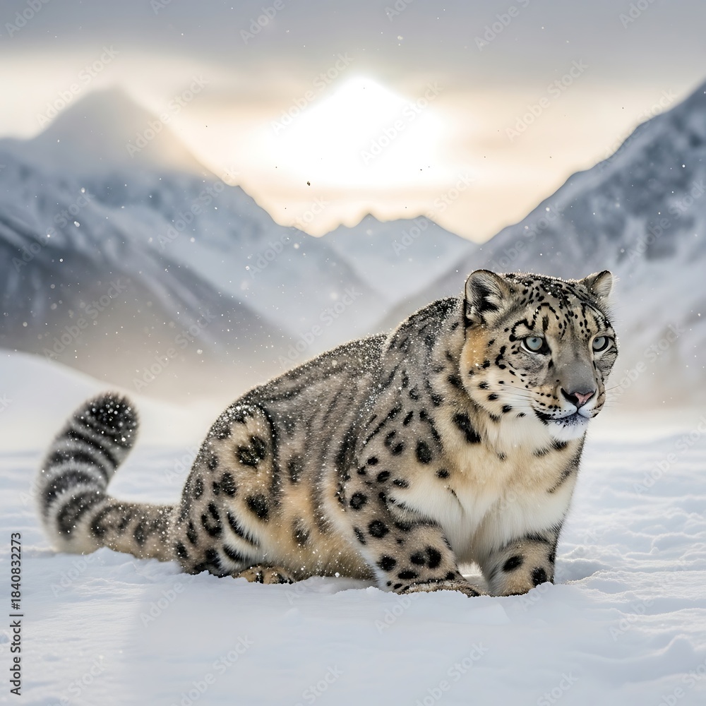 Fototapeta premium Majestic wild feline pauses in a bright, snowy mountain landscape