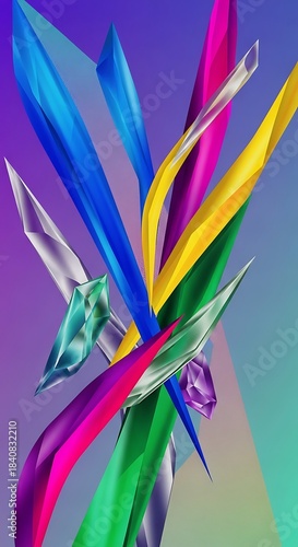 A vibrant, abstract design features a dynamic arrangement of multicolored, geometric shapes resembling crystals or jewels, creating a visually striking and energetic composition.