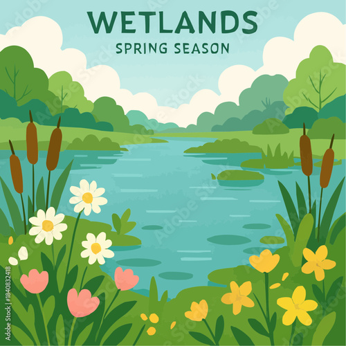 Wetland Spring Flat Vector Illustration