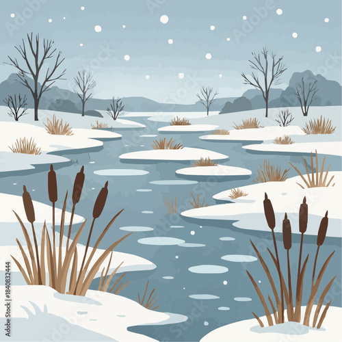 Wetland Winter Flat Vector Illustration