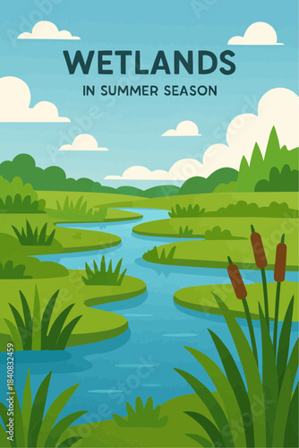 Wetland Summer Flat Vector Illustration