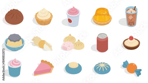 Vector art design set of sweet dessert products and drink illustration