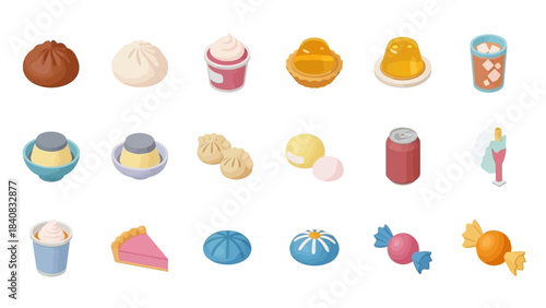 A collection of various desserts, snacks, and beverages including buns, puddings, jellies, pies, candies, and drinks in a flat design style.