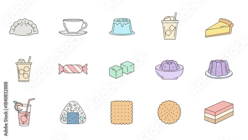A collection of various sweet and savory food and drink items depicted as simple, colorful outline icons on a white background, perfect for menus or digital designs.