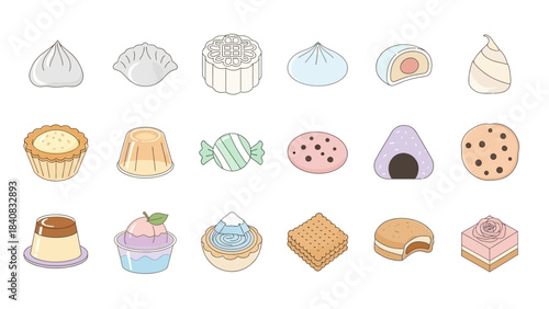 A colorful assortment of various sweet desserts, pastries, and candies in a cute cartoon style.