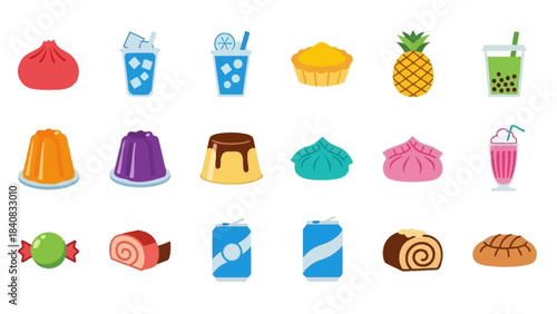 A vibrant collection of various food and drink items including dumplings, jellies, pies, sodas, and desserts in a flat cartoon style.
