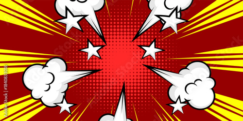 Pop art red yellow comics book cartoon magazine cover. Cartoon funny retro pattern strip mock up. halftone illustration. Vintage backdrop for comic superhero text, speech bubble, message.