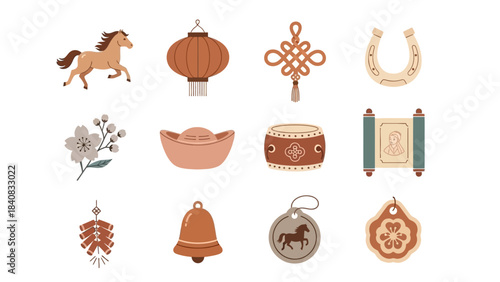A collection of various traditional Chinese cultural and good luck symbols, including a horse, lantern, knot, ingot, and firecrackers.