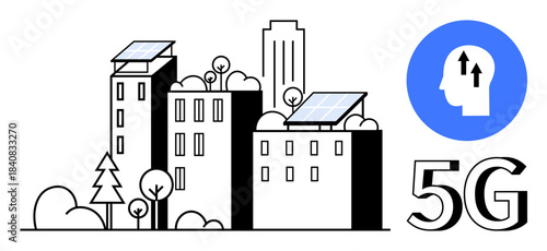 Smart city concept. Smart city integrating solar panels and 5G technology for connectivity. Smart city combining sustainability, digital infrastructure, and modern communication. Ideal for future