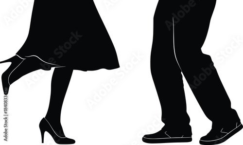 Couple's legs and feet silhouette, woman wearing high heels and man in casual sneakers, black and white minimal vector illustration for fashion, dance, dating, or relationship concepts.