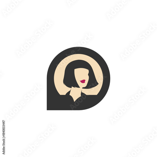 Minimalist logo of a woman's profile with a bob haircut and red lips, set in a dark circular speech bubble icon.