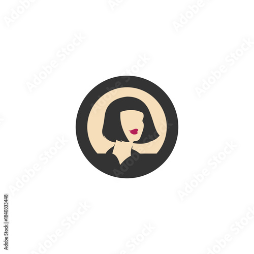Stylized minimalist illustration of a woman's profile with a bob haircut and red lips, set within a dark circular frame.