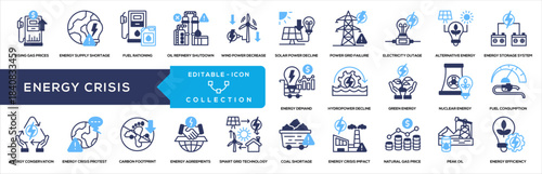 Energy Crisis Glyph Color Icon Collection. Rising Gas, Wind Power, Green Energy, Nuclear Energy, Smart Grid, Energy Efficiency, Crisis, Shortage, Demand, Efficiency